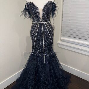 Strapless Navy Beaded Feather Mermaid Dress